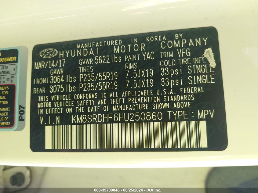 2017 Hyundai Santa Fe Limited Ultimate VIN: KM8SRDHF6HU250860 Lot: 39739846