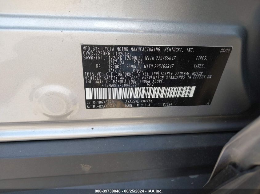 2020 Toyota Rav4 Hybrid Le VIN: 4T3MWRFV7LU005221 Lot: 39739848