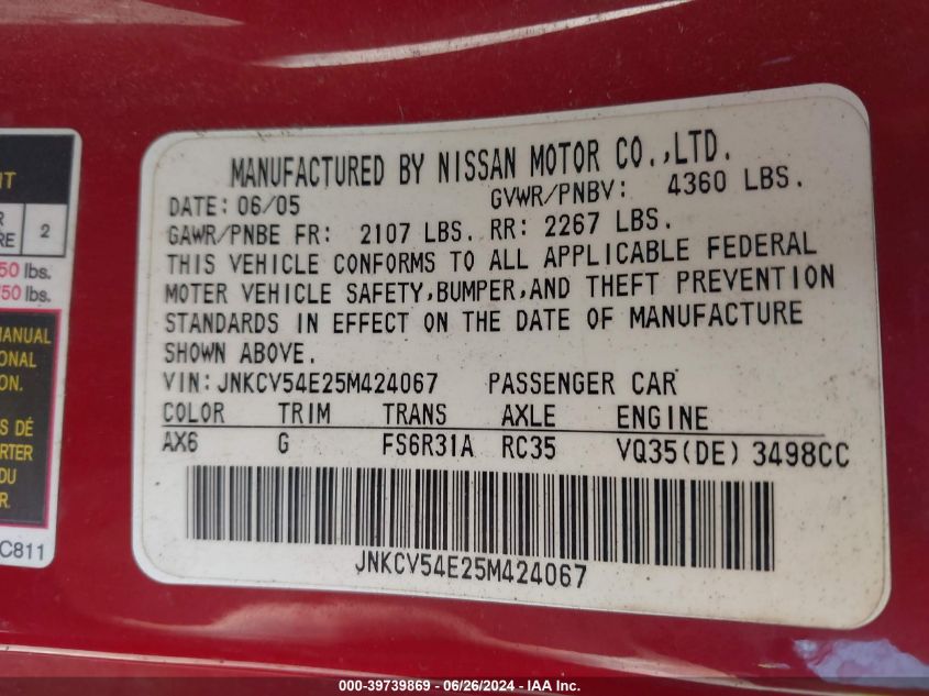 2005 Infiniti G35 VIN: JNKCV54E25M424067 Lot: 39739869