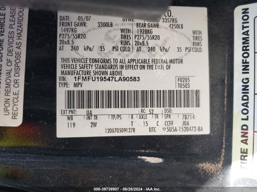 2007 Ford Expedition Limited VIN: 1FMFU19547LA90583 Lot: 39739907