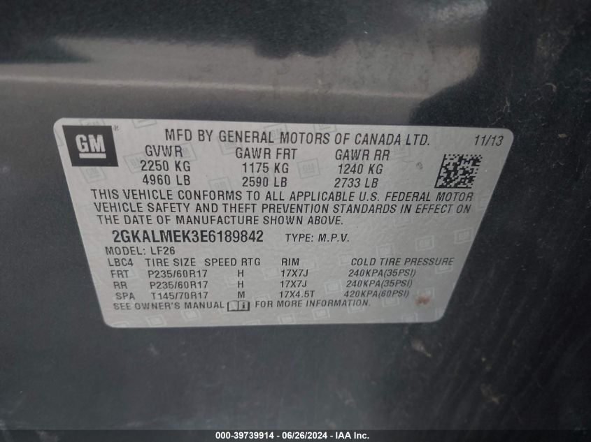 2014 GMC Terrain Sle-1 VIN: 2GKALMEK3E6189842 Lot: 39739914