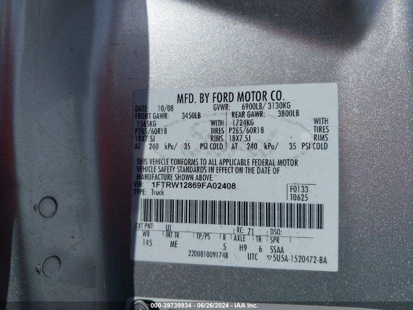 2009 Ford F-150 Xl/Xlt VIN: 1FTRW12869FA02408 Lot: 39739934