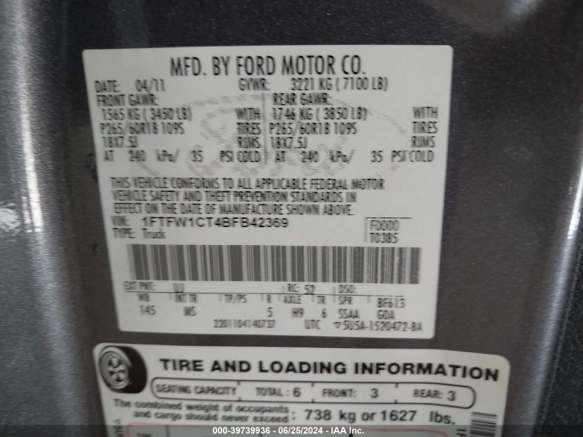 2011 Ford F-150 Xlt VIN: 1FTFW1CT4BFB42369 Lot: 39739936