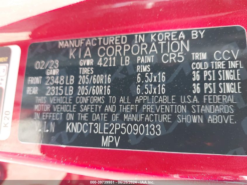 2023 Kia Niro Sx VIN: KNDCT3LE2P5090133 Lot: 39739951