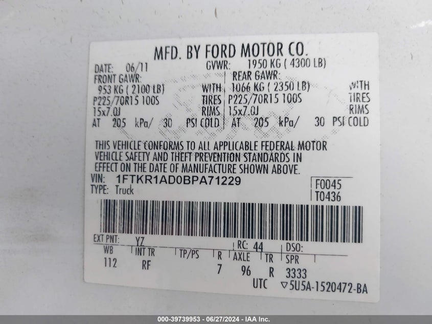 2011 Ford Ranger Xl VIN: 1FTKR1AD0BPA71229 Lot: 39739953