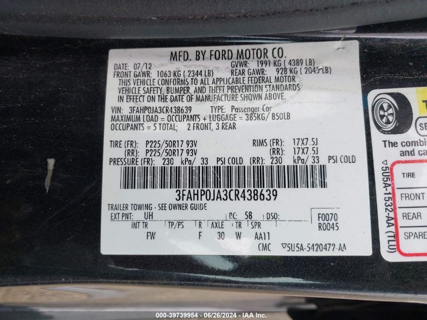 2012 Ford Fusion Sel VIN: 3FAHP0JA3CR438639 Lot: 39739954