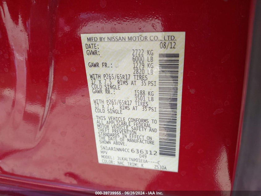 2012 Nissan Pathfinder S/Le/Se VIN: 5N1AR1NN4CC636312 Lot: 39739955