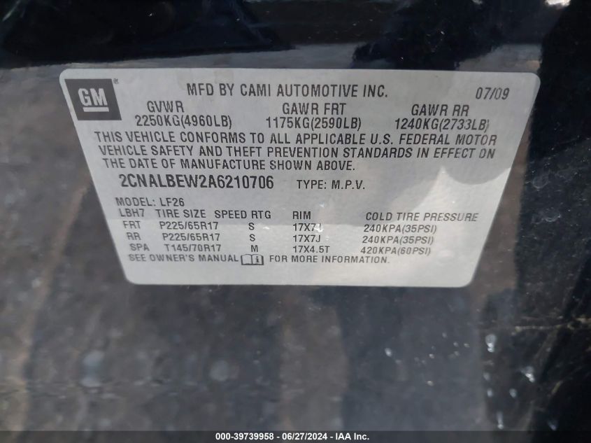 2010 Chevrolet Equinox Ls VIN: 2CNALBEW2A6210706 Lot: 39739958