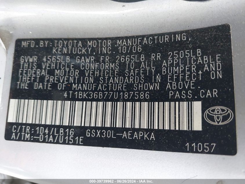 2007 Toyota Avalon Limited VIN: 4T1BK36B77U187586 Lot: 39739962