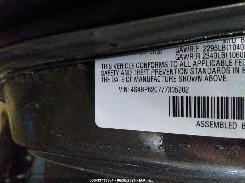 2007 Subaru Outback 2.5I Limited VIN: 4S4BP62C777305202 Lot: 39739964