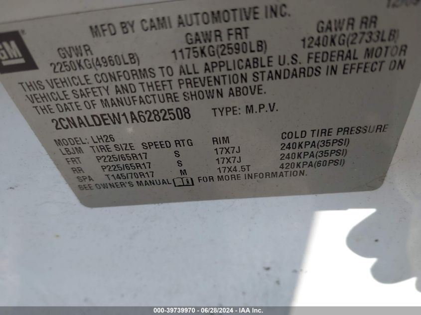 2010 Chevrolet Equinox Lt VIN: 2CNALDEW1A6282508 Lot: 39739970