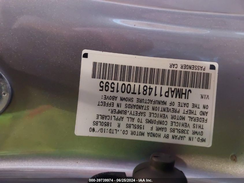 2001 Honda S2000 VIN: JHMAP11481T001595 Lot: 39739974