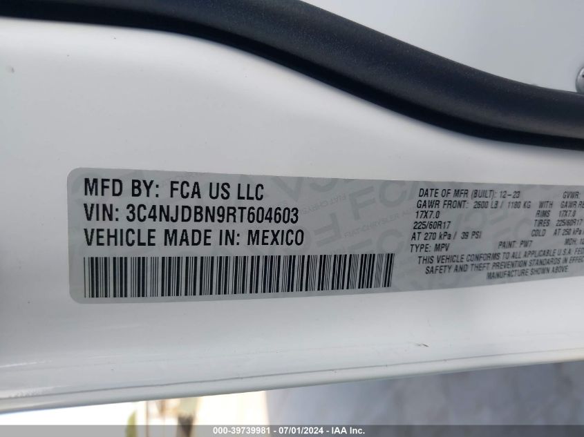 2024 Jeep Compass Latitude 4X4 VIN: 3C4NJDBN9RT604603 Lot: 39739981
