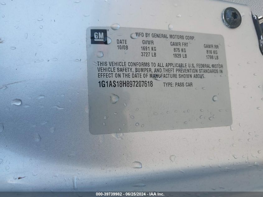 2009 Chevrolet Cobalt Ls VIN: 1G1AS18H897207618 Lot: 39739982