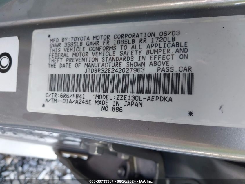 2004 Toyota Corolla Ce VIN: JTDBR32E242027963 Lot: 39739987