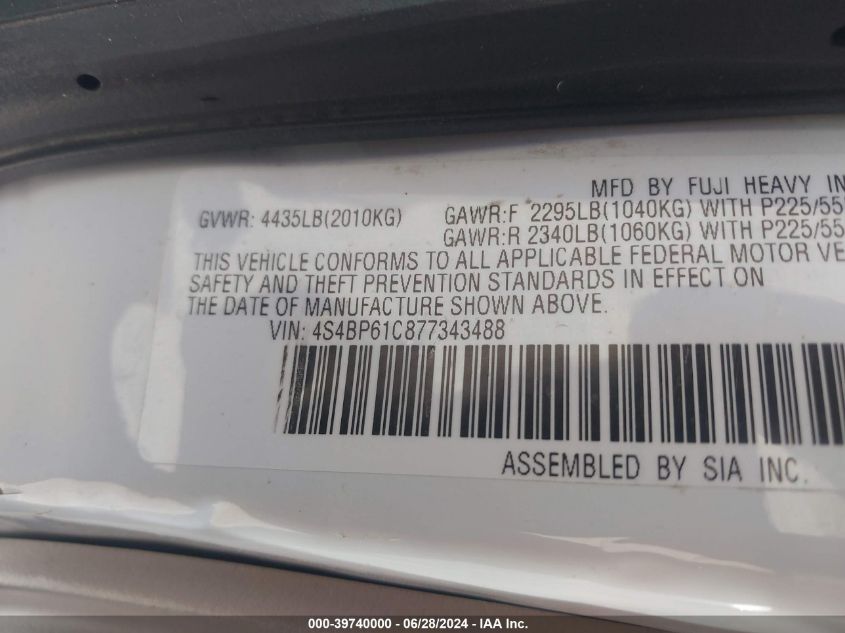 2007 Subaru Outback 2.5I/2.5I Basic/2.5I L.l. Bean Edition VIN: 4S4BP61C877343488 Lot: 39740000