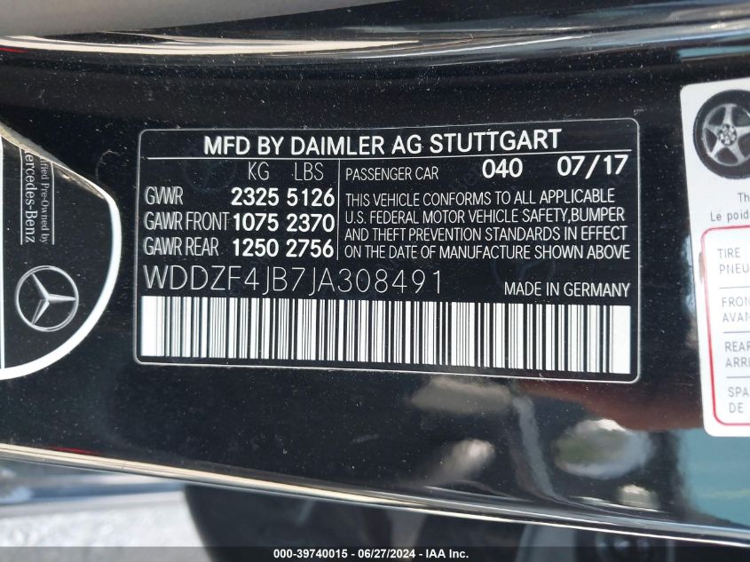 2018 Mercedes-Benz E 300 VIN: WDDZF4JB7JA308491 Lot: 39740015