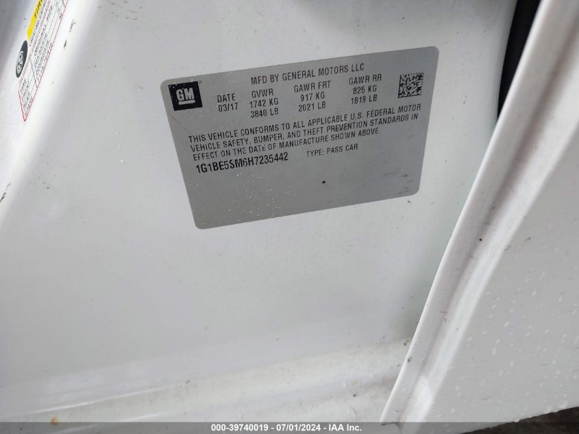 2017 Chevrolet Cruze Lt Auto VIN: 1G1BE5SM6H7235442 Lot: 39740019