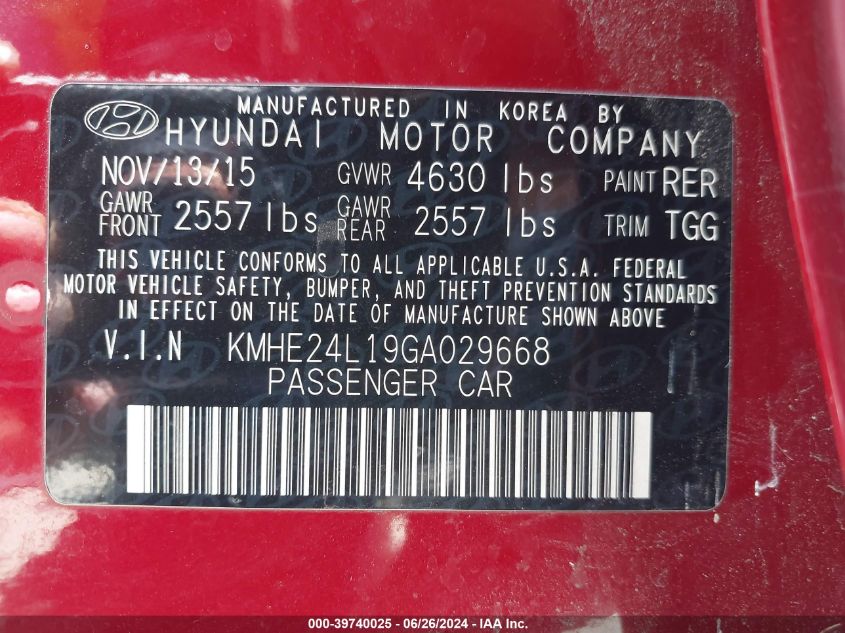 2016 Hyundai Sonata Hybrid Se VIN: KMHE24L19GA029668 Lot: 39740025