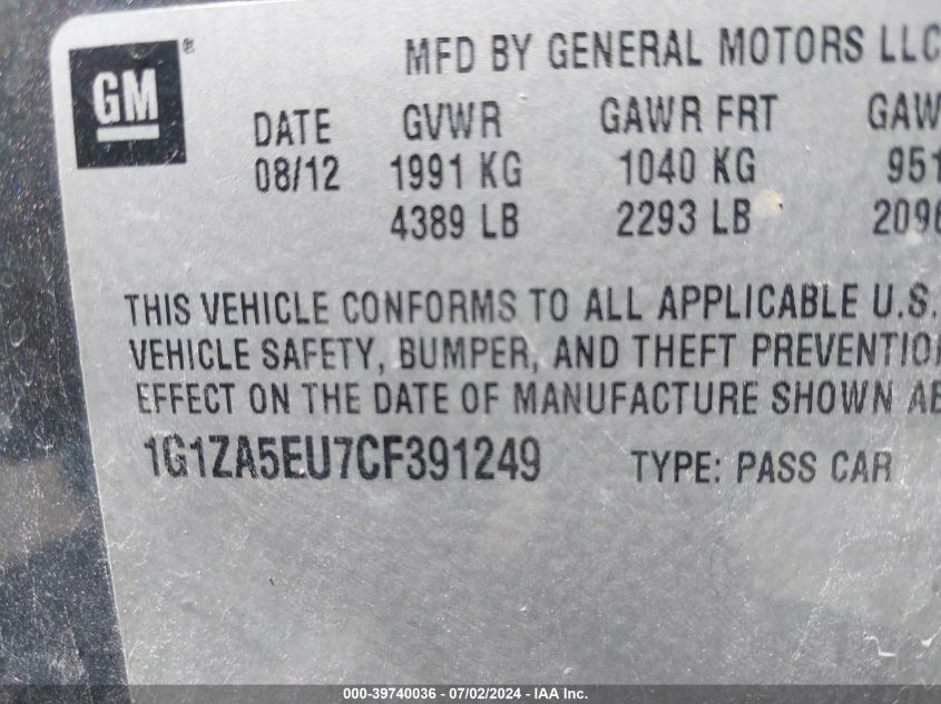 2012 Chevrolet Malibu Ls VIN: 1G1ZA5EU7CF391249 Lot: 39740036
