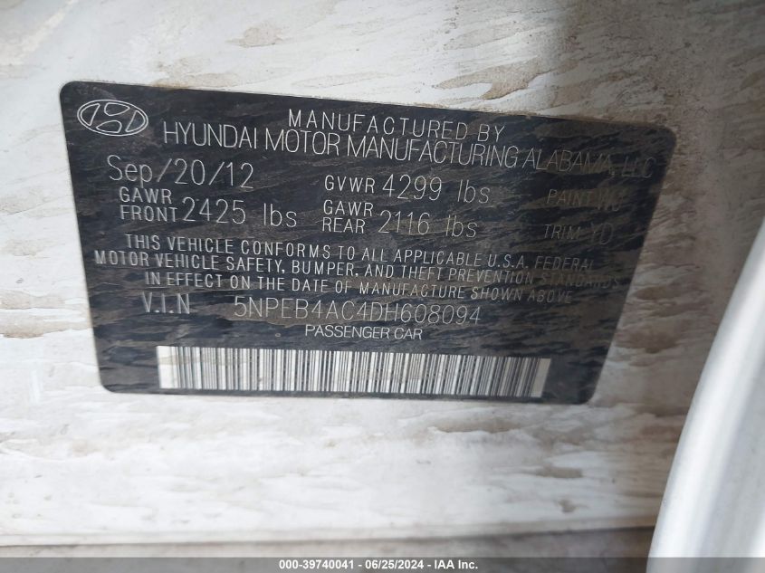 2013 Hyundai Sonata Gls VIN: 5NPEB4AC4DH608094 Lot: 39740041