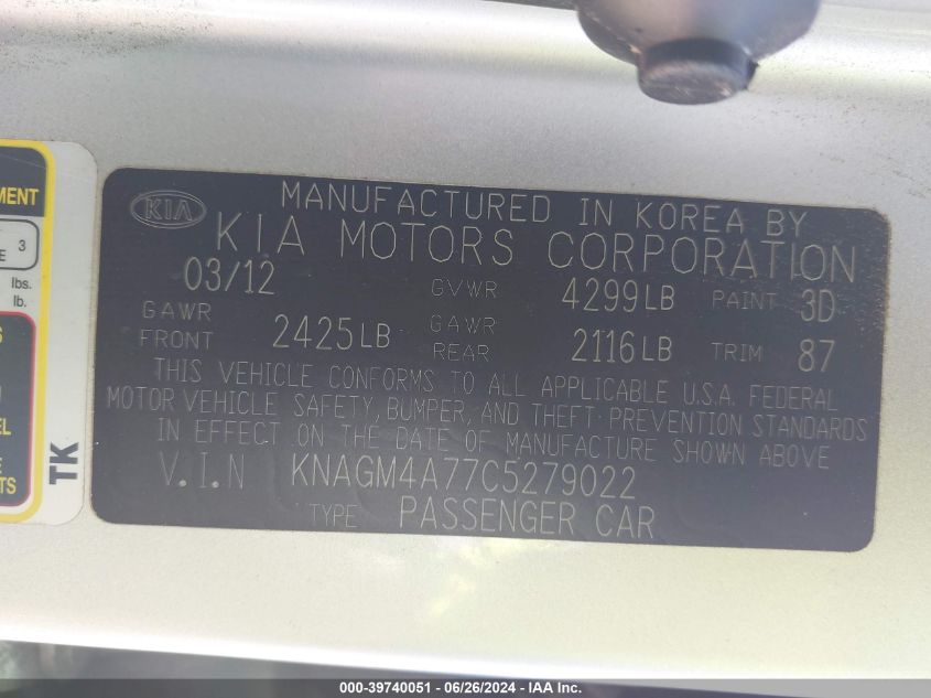 2012 Kia Optima Lx VIN: KNAGM4A77C5279022 Lot: 39740051