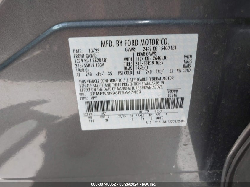 2024 Ford Edge Titanium VIN: 2FMPK4K98RBA47439 Lot: 39740052