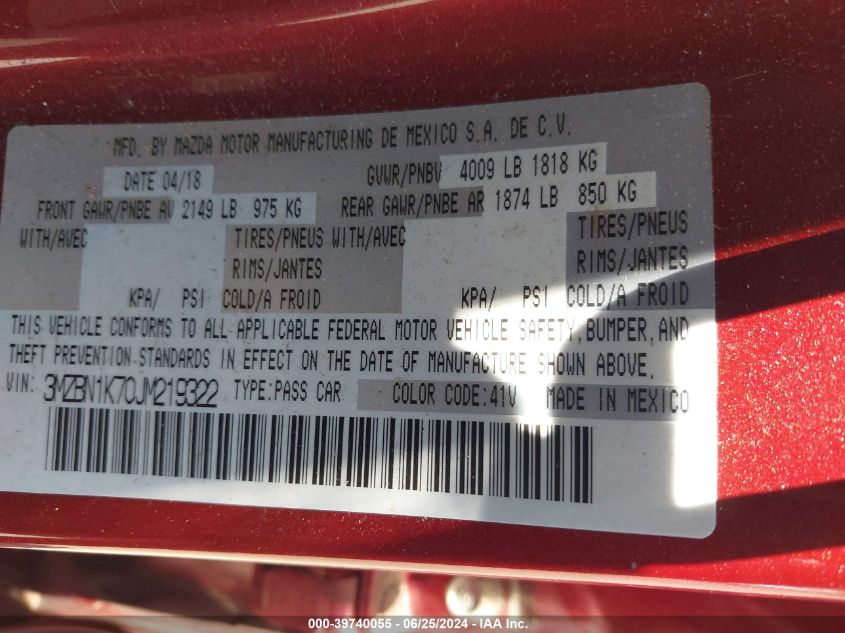2018 Mazda Mazda3 Sport VIN: 3MZBN1K70JM219322 Lot: 39740055