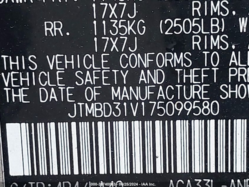 2007 Toyota Rav4 Limited VIN: JTMBD31V175099580 Lot: 39740063