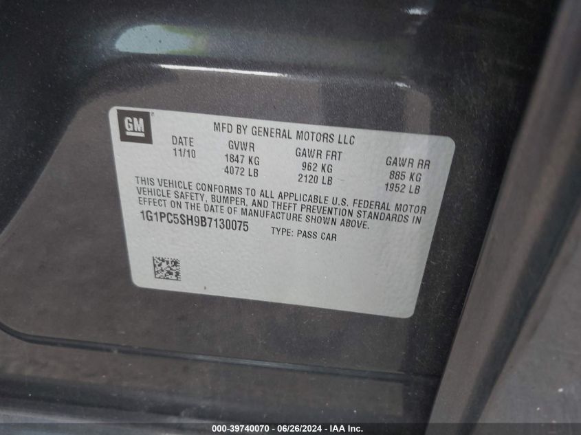 2011 Chevrolet Cruze Ls VIN: 1G1PC5SH9B7130075 Lot: 39740070