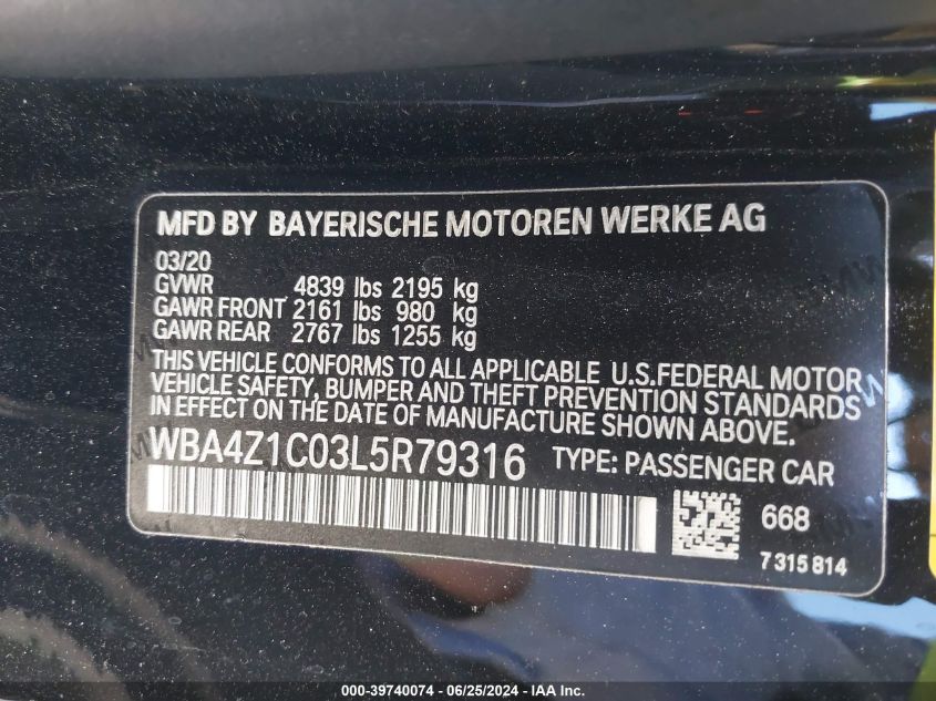 2020 BMW 430I VIN: WBA4Z1C03L5R79316 Lot: 39740074