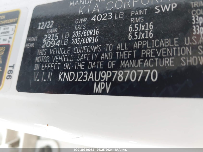 2023 Kia Soul Lx/S VIN: KNDJ23AU9P7870770 Lot: 39740082