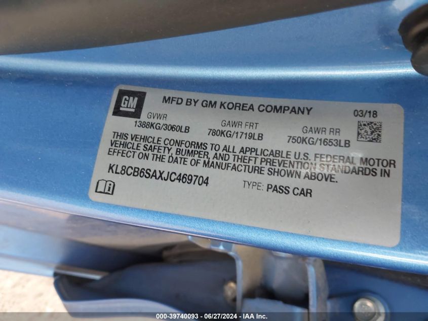 2018 Chevrolet Spark Ls Cvt VIN: KL8CB6SAXJC469704 Lot: 39740093