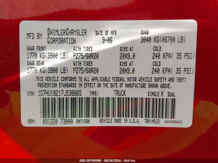 2007 Dodge Ram 1500 Slt/Trx4 Off Road/Sport VIN: 1D7HU18217J538865 Lot: 39740096