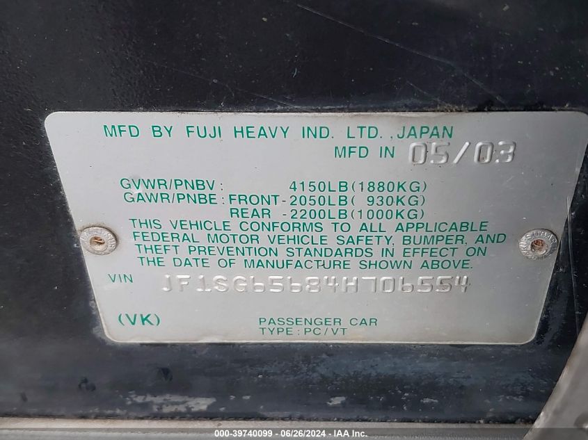 2004 Subaru Forester 2.5Xs VIN: JF1SG65684H706554 Lot: 39740099