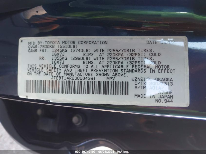 2003 Toyota 4Runner Sr5 Sport V8 VIN: JTEBT14R830004361 Lot: 39740103