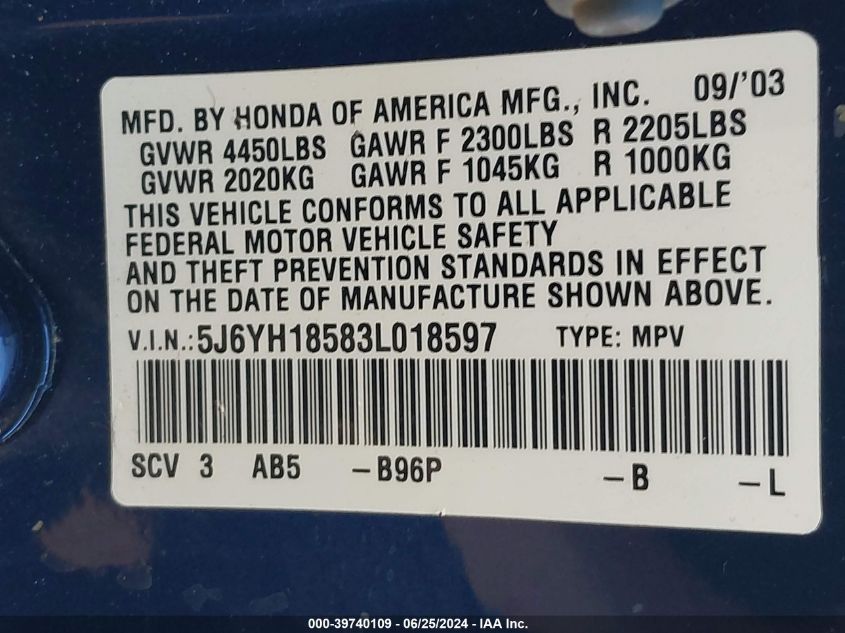 2003 Honda Element Ex VIN: 5J6YH18583L018597 Lot: 39740109