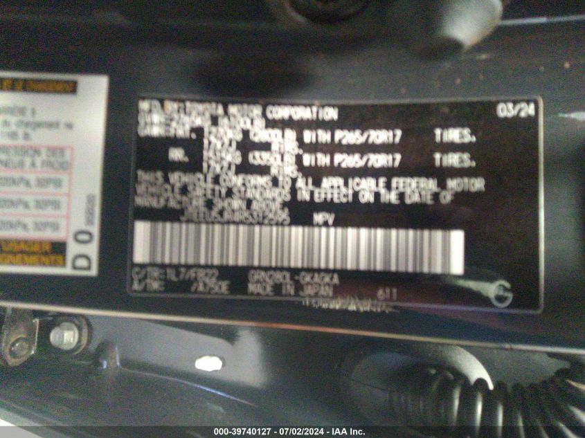 2024 Toyota 4Runner Sr5 VIN: JTEEU5JR4R5312595 Lot: 39740127