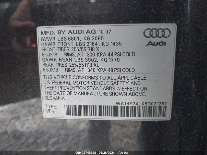 2008 Audi Q7 3.6 Premium VIN: WA1BY74LX8D031267 Lot: 39740128