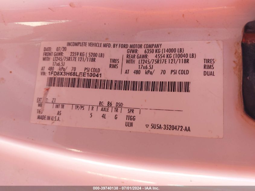 2020 Ford F-350 Chassis Xl VIN: 1FD8X3H68LEE10041 Lot: 39740138