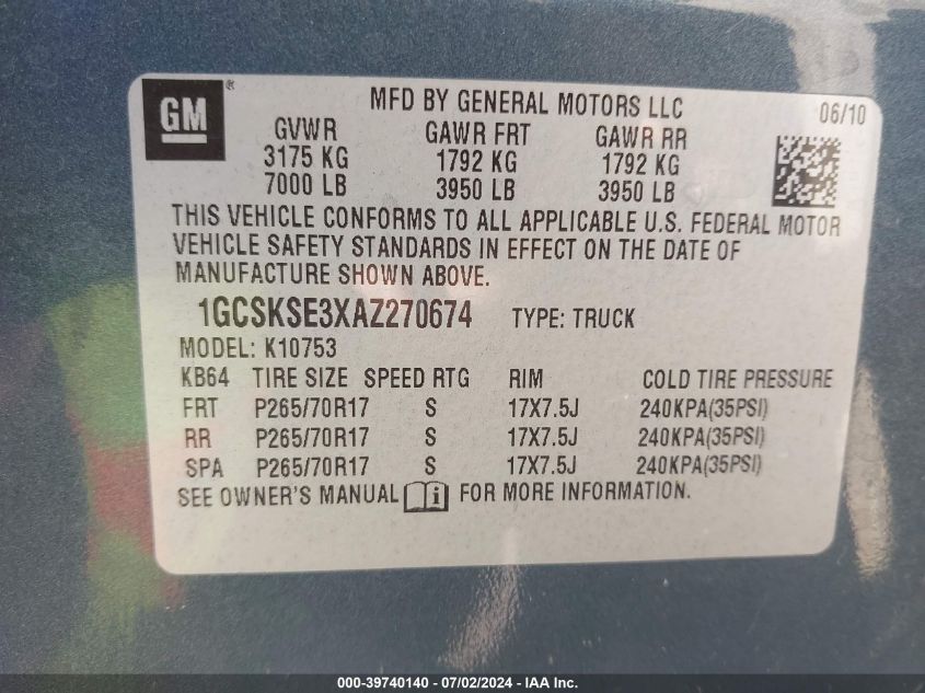 2010 Chevrolet Silverado 1500 Lt VIN: 1GCSKSE3XAZ270674 Lot: 39740140