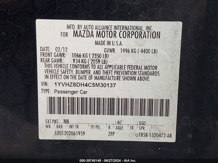 2012 Mazda Mazda6 I Touring VIN: 1YVHZ8DH4C5M30137 Lot: 39740148