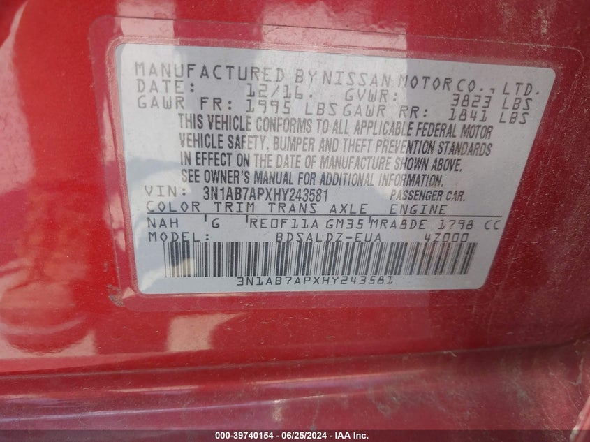 2017 Nissan Sentra Sv VIN: 3N1AB7APXHY243581 Lot: 39740154