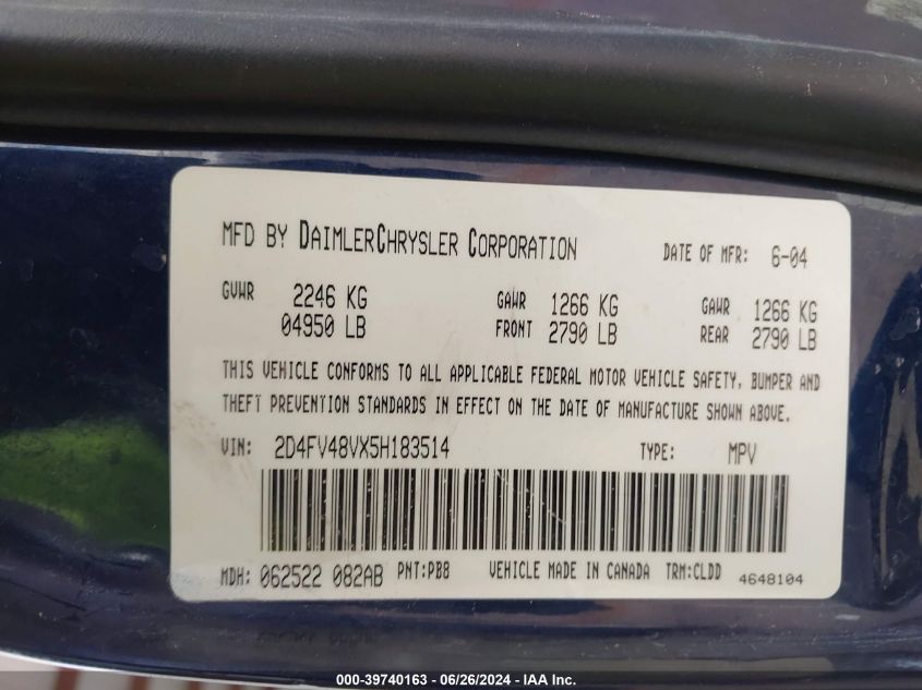 2005 Dodge Magnum Sxt VIN: 2D4FV48VX5H183514 Lot: 39740163