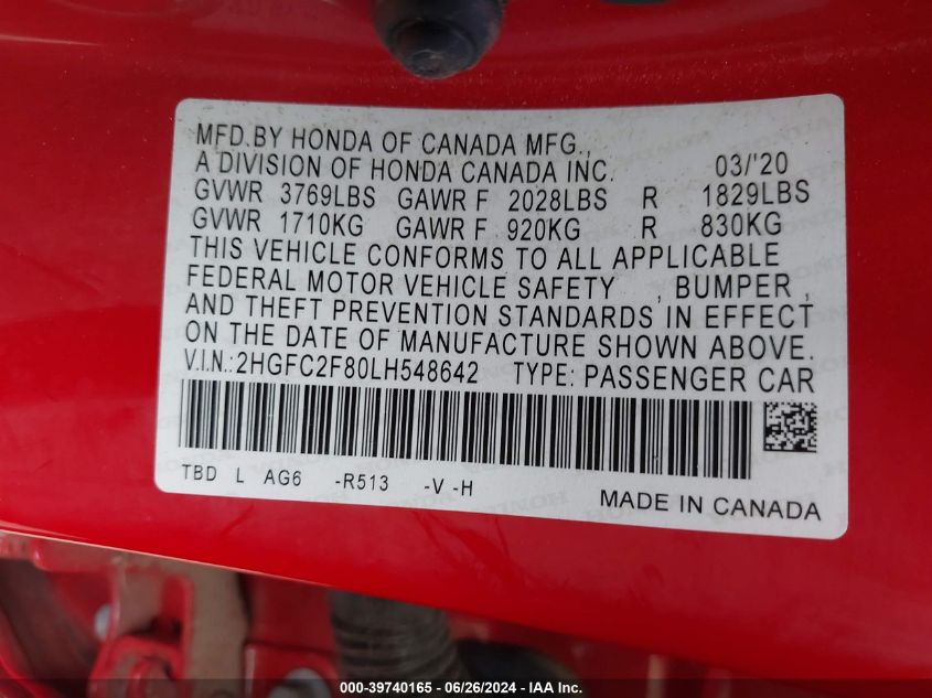2020 Honda Civic Sport VIN: 2HGFC2F80LH548642 Lot: 39740165