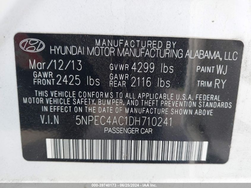 2013 Hyundai Sonata Se VIN: 5NPEC4AC1DH710241 Lot: 39740173