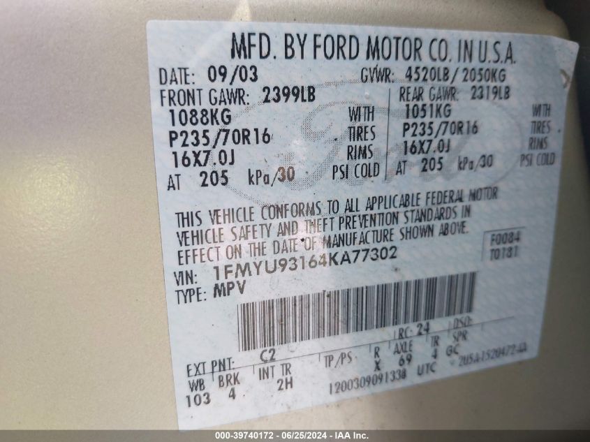 2004 Ford Escape Xlt VIN: 1FMYU93164KA77302 Lot: 39740172