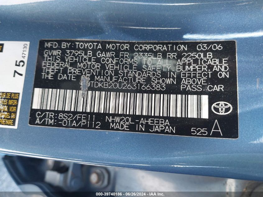 2006 Toyota Prius VIN: JTDKB20U263166383 Lot: 39740186