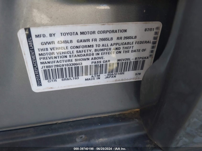 2001 Lexus Es 300 300 VIN: JT8BF28G910339943 Lot: 39740198