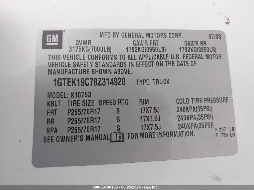 2008 GMC Sierra 1500 Work Truck VIN: 1GTEK19C78Z314920 Lot: 39740199